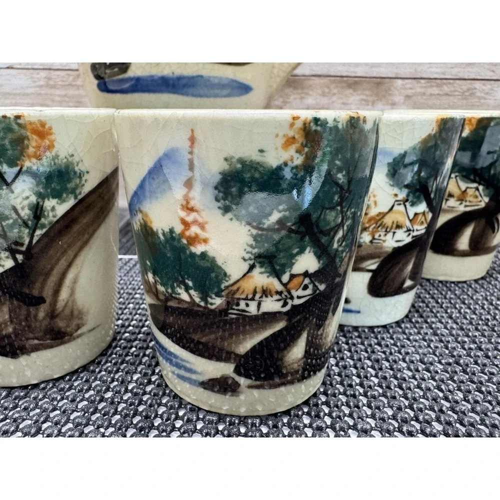 1940 Japanese Ceramic Pitcher 6 Tumbler Set Hand Painted Village Scene Showa VTG